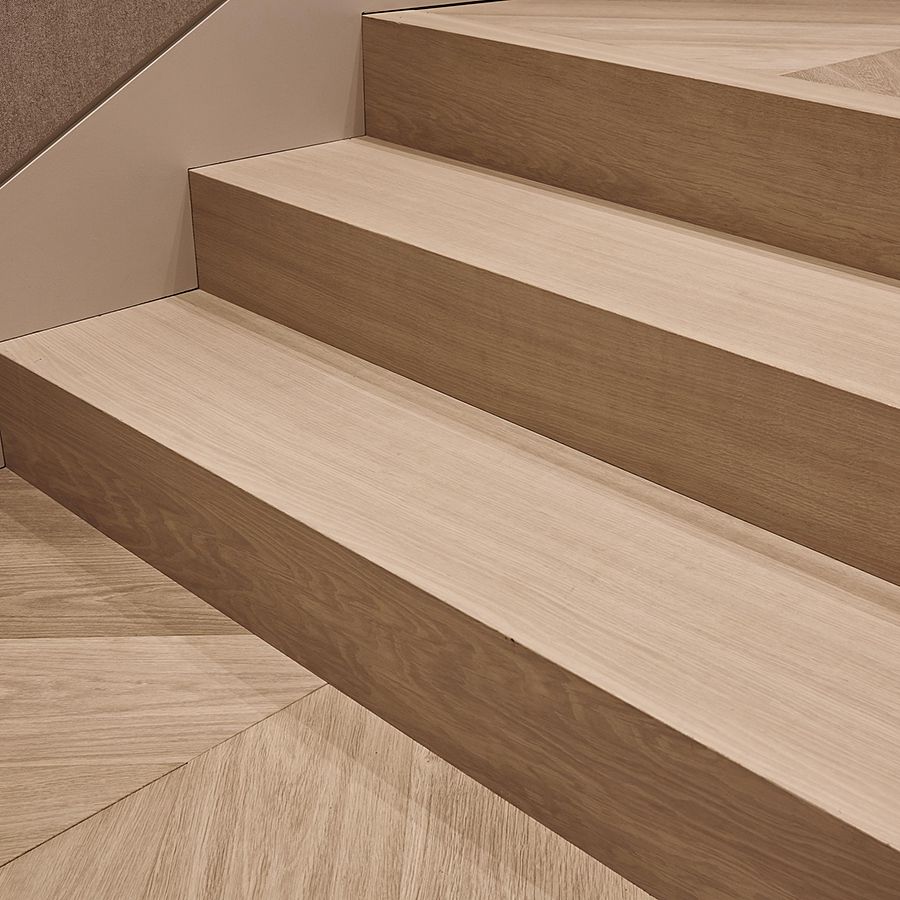 Ebony and Co project - Stairs - Continental Oak - Chevron Pattern - Handcrafted Hardwood Floors